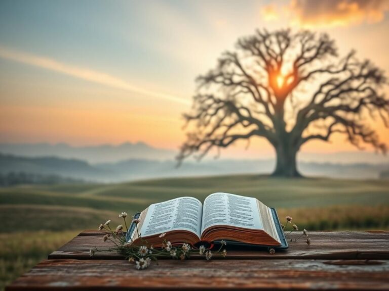 Flick International Serene landscape at dawn with an open Bible and wildflowers