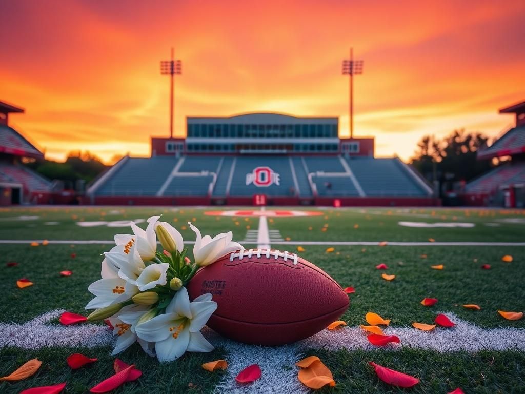 Flick International A serene sunset over an empty Ohio State football field with a football and white lilies symbolizing remembrance for Donovan Munger