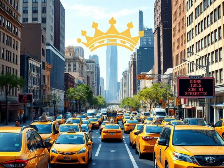 Flick International A busy New York City street intersection with yellow cabs and an urban skyline featuring a stylized crown symbolizing Trump’s remark.