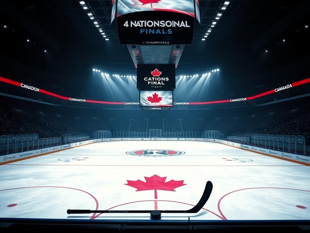 Flick International Dramatic ice hockey rink scene at 4 Nations final with empty ice surface and Team Canada logos