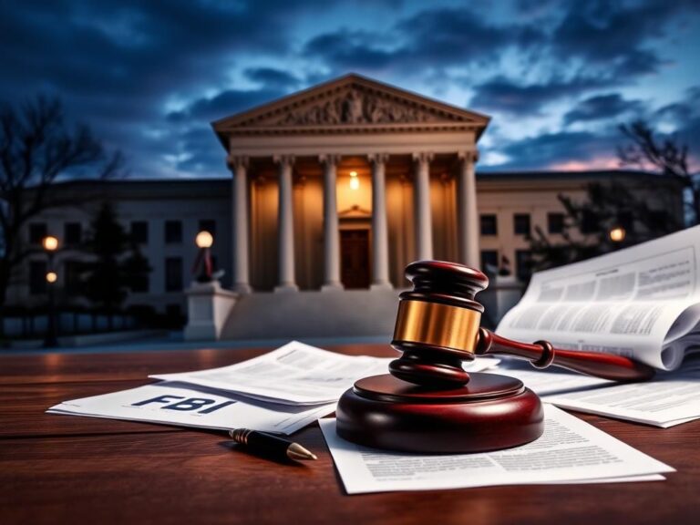 Flick International U.S. Department of Justice building at twilight with a gavel and legal documents