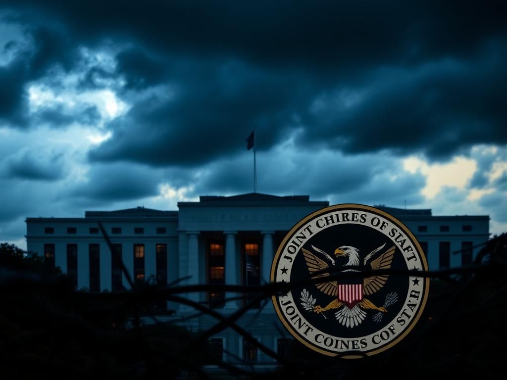 Flick International Dramatic view of the Pentagon at dusk with stormy sky and military insignia