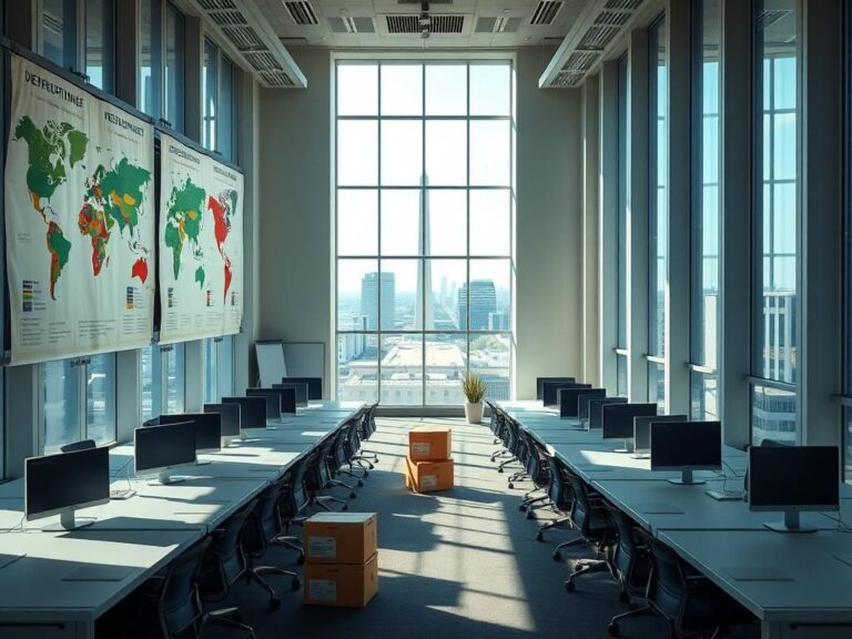 Flick International Empty desks and chairs in a spacious office space symbolizing transition at USAID headquarters