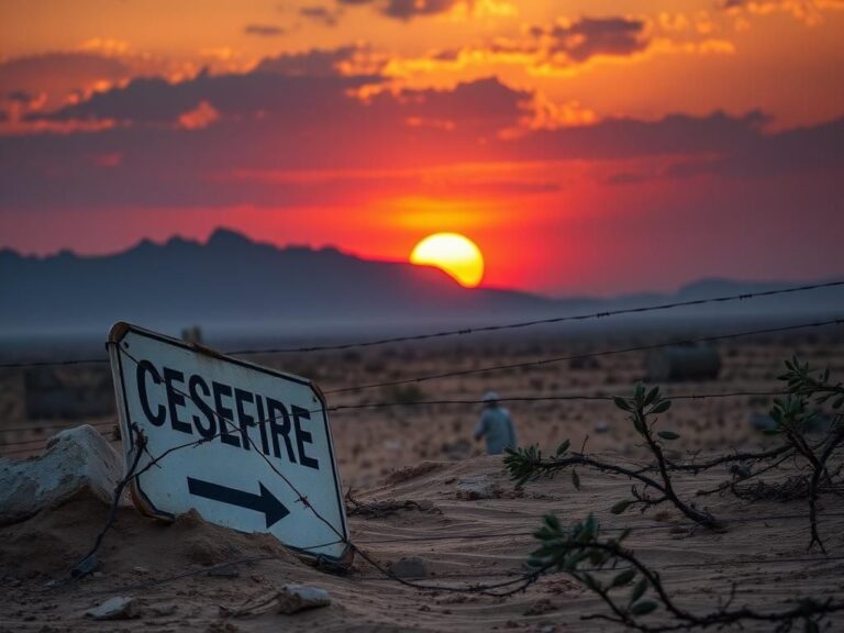 Flick International Weathered ceasefire sign amidst debris in a desolate Middle Eastern landscape