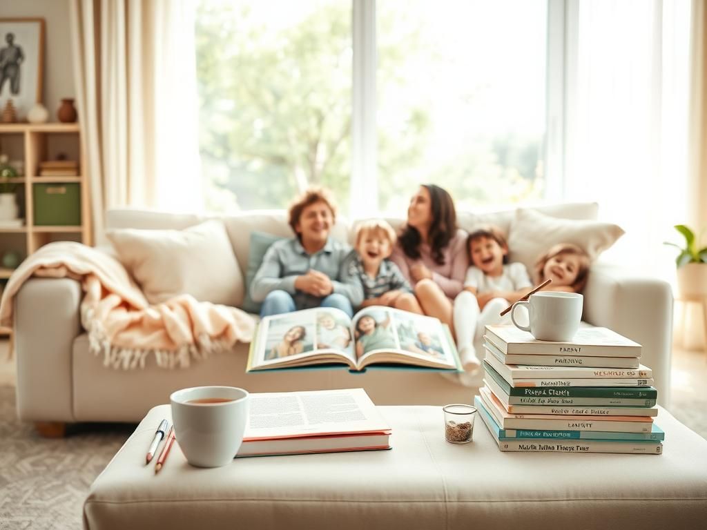 Flick International Cozy family living room scene with parenting books and a family photo album