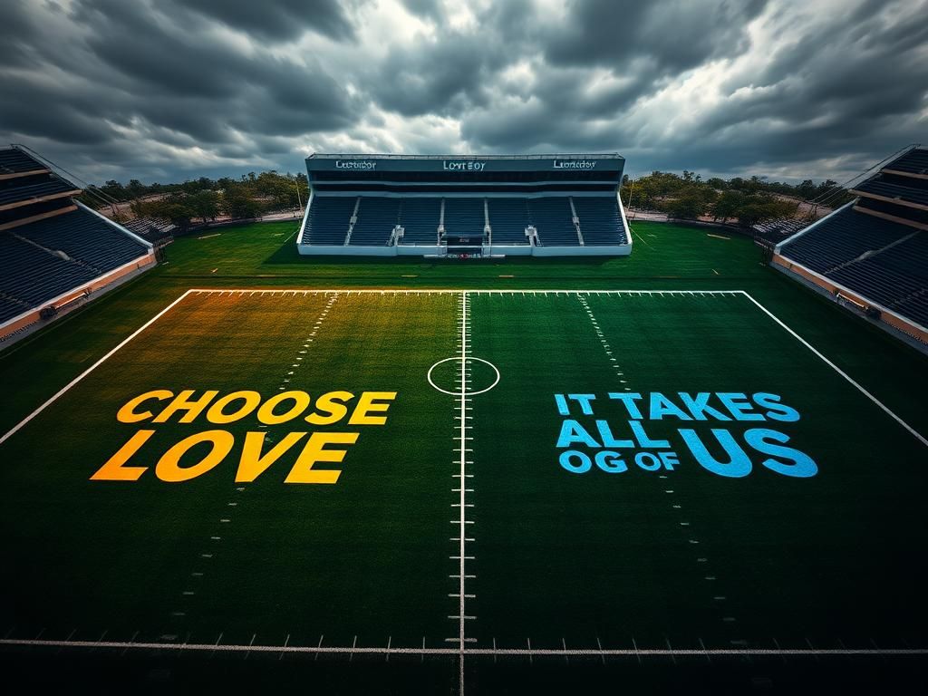 Flick International Aerial view of a football field showcasing end zones with 'Choose Love' and 'It Takes All of Us' phrases.