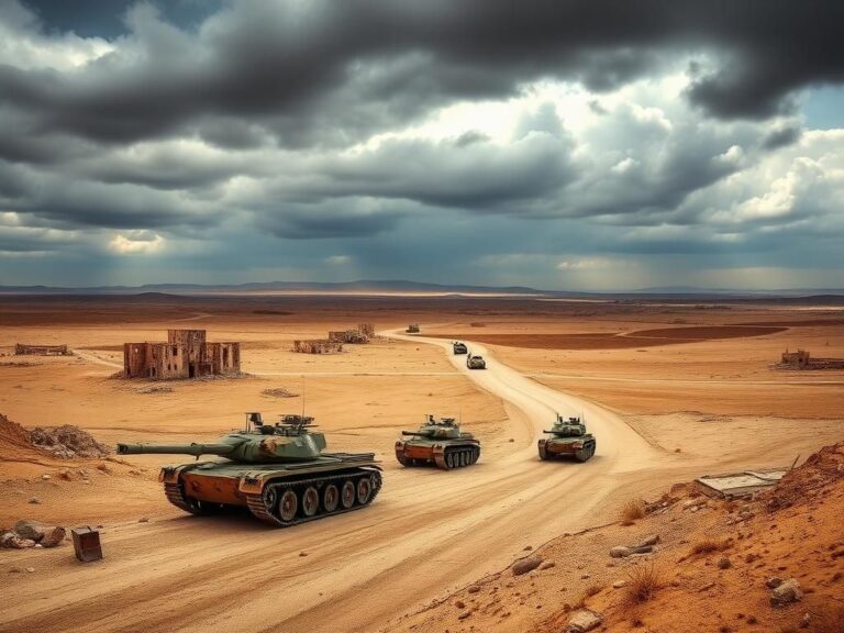 Flick International Military tanks advancing through a desolate West Bank landscape