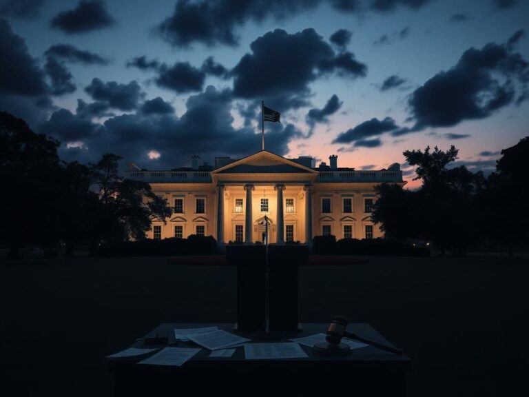 Flick International A somber view of the White House at dusk symbolizing uncertainty in leadership