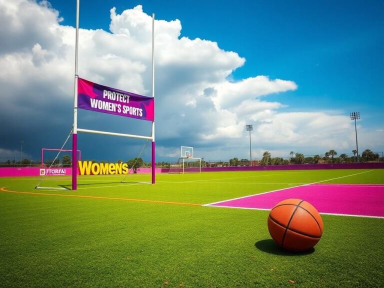 Flick International Vibrant, empty sports field with goalpost and 'Protect Women's Sports' banner