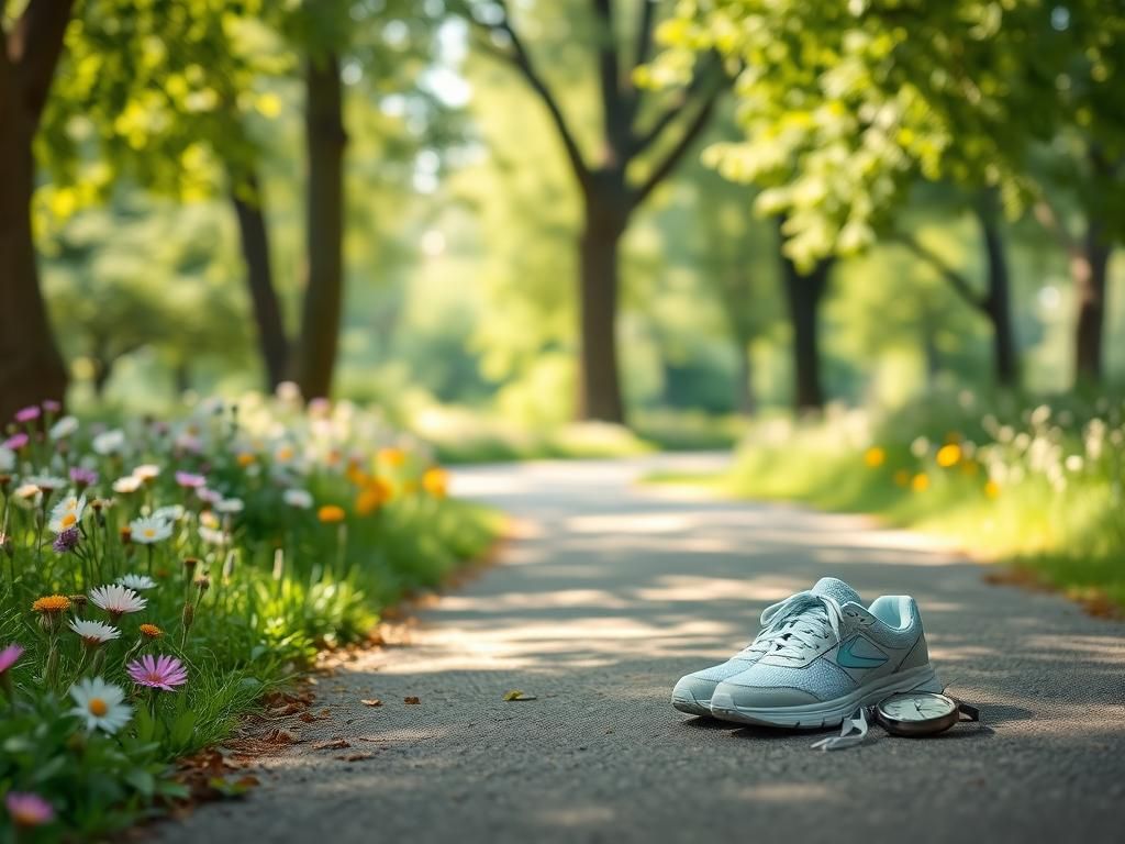 Flick International A serene park path with vibrant wildflowers and comfortable sneakers symbolizing light exercise