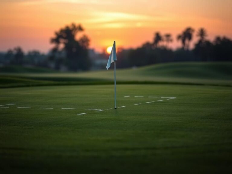 Flick International A serene golf green at dusk featuring a white flag and AimPoint markers