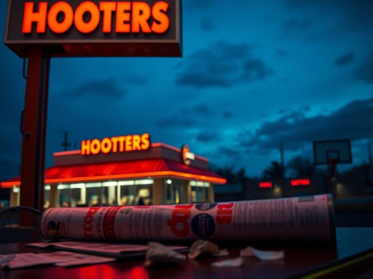 Flick International Close-up view of a Hooters restaurant sign illuminated against a twilight sky