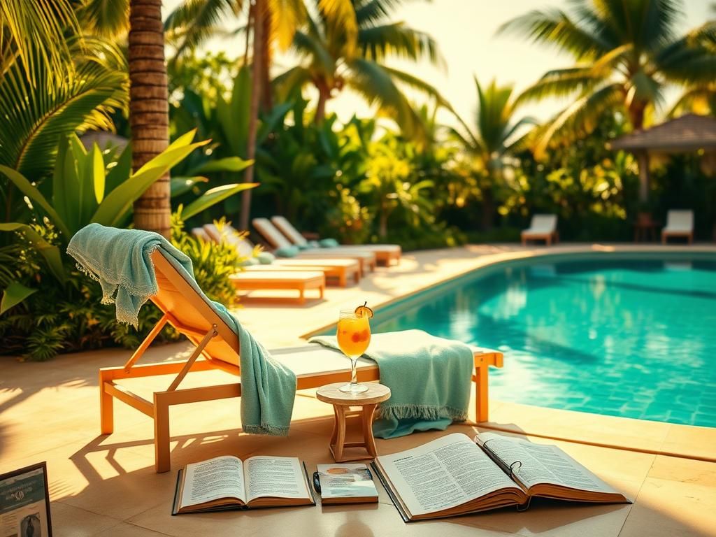 Flick International Opulent pool area with empty lounge chair and tropical greenery