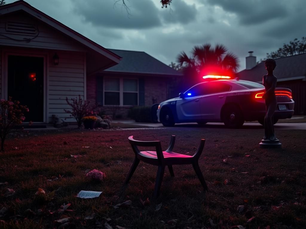 Flick International Dimly lit scene outside a suburban home in North Harris County, Texas, reflecting chaos after domestic conflict