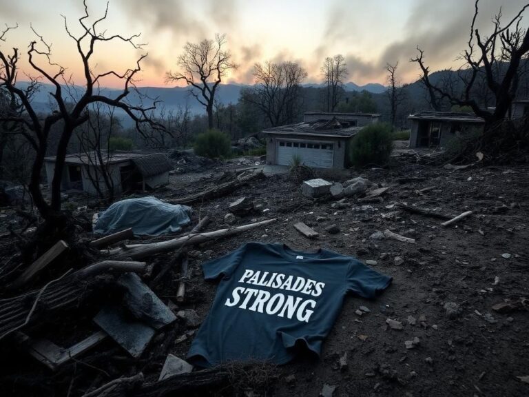 Flick International Burnt landscape in the Pacific Palisades area with charred trees and debris