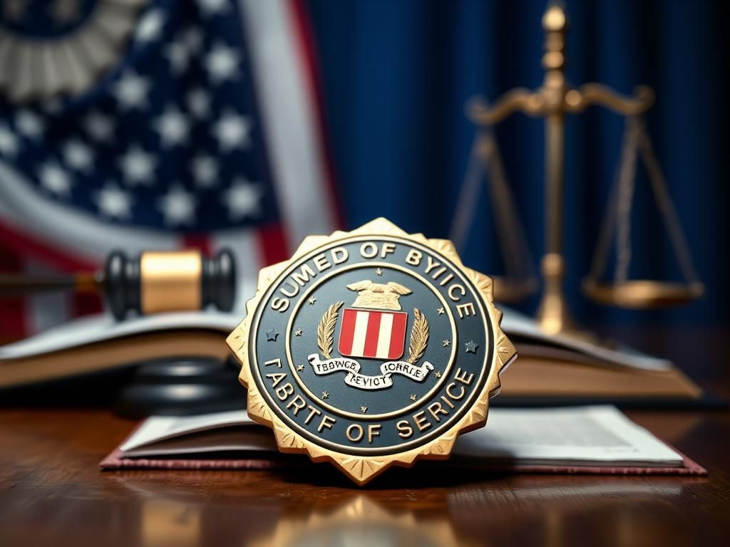 Flick International Shiny FBI badge resting on a wooden desk with American flag and gavel in the background