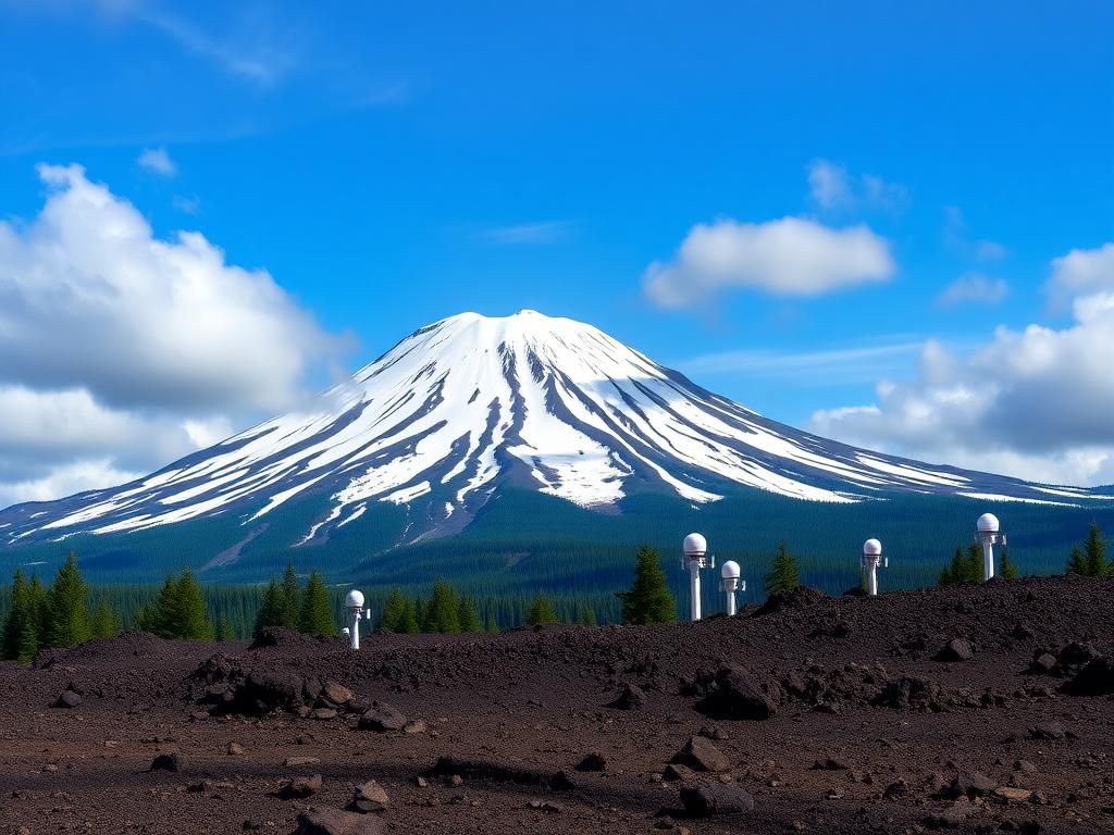 Flick International Panoramic view of Mount Adams with snow-capped summit and seismic monitoring instruments