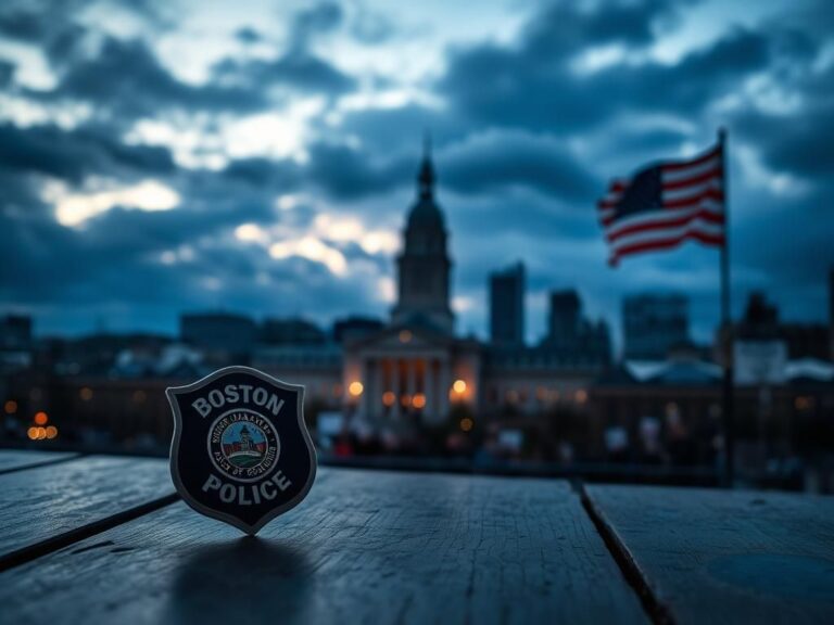 Flick International Boston skyline at dusk with police badge symbolizing public safety