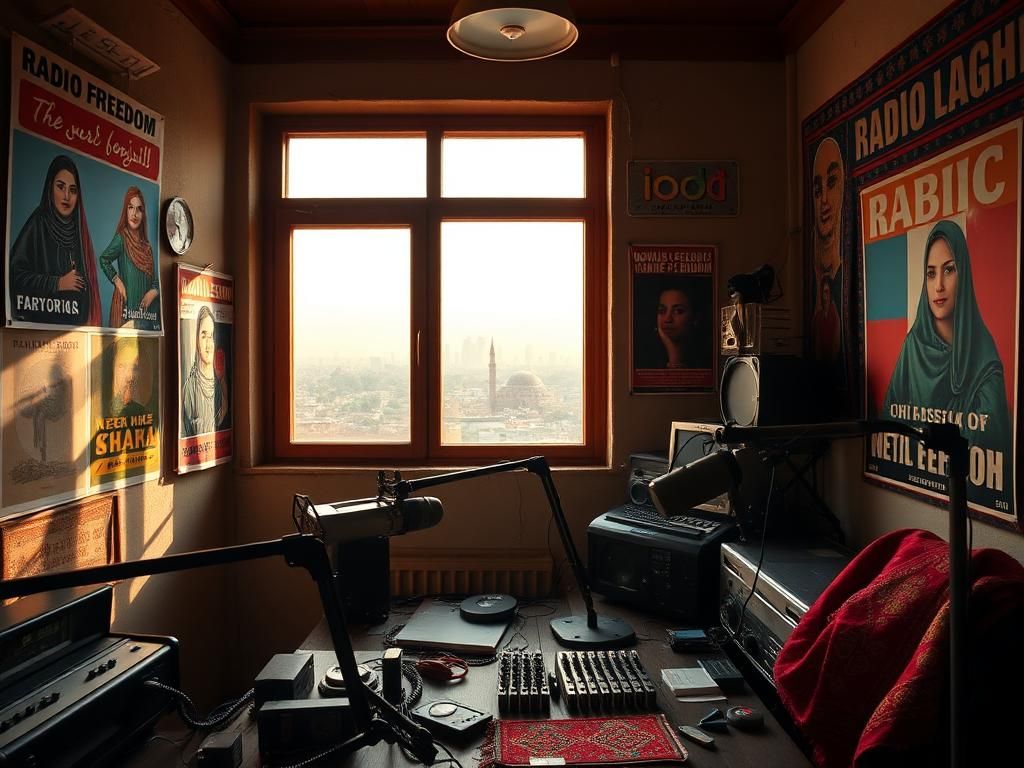 Flick International A serene interior view of a women-led radio station studio in Afghanistan with vintage microphones and empowering posters.