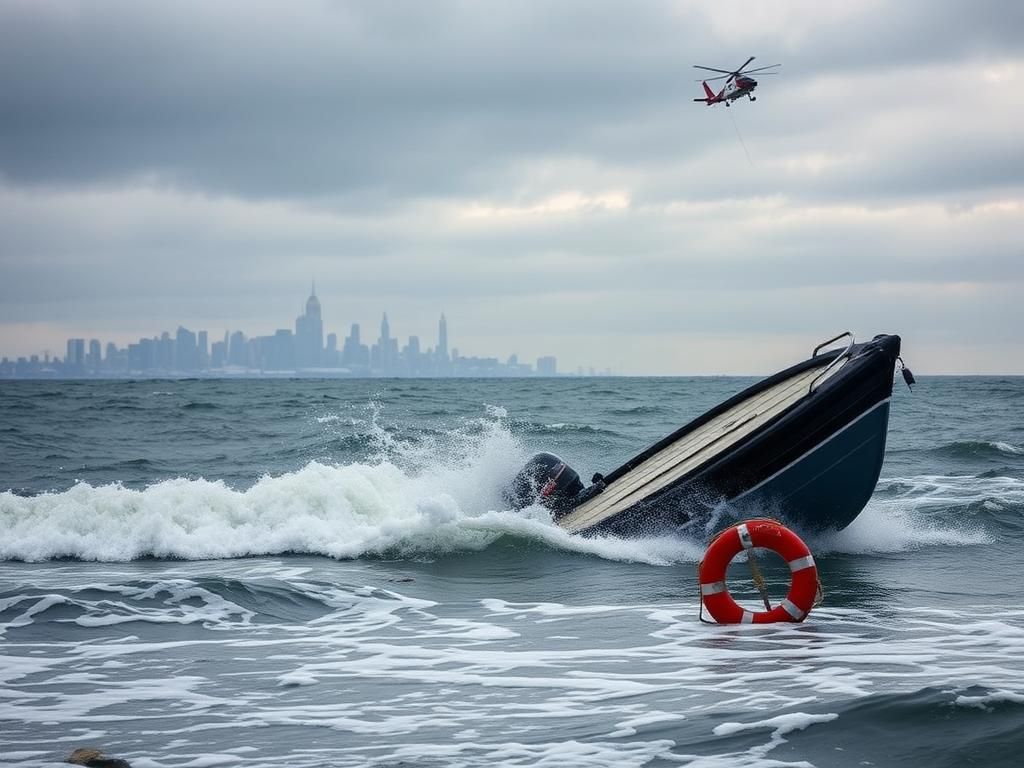 Flick International Distressed overturned boat amidst turbulent waves near New York coast