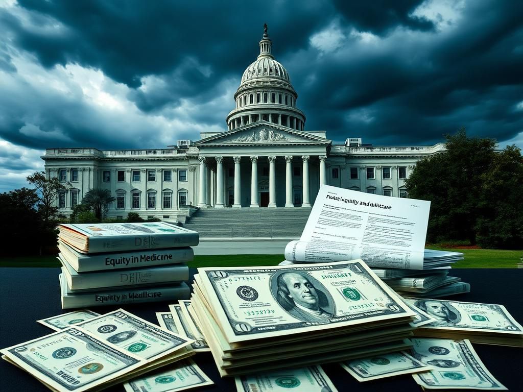 Flick International Conceptual image of a government building representing the National Cancer Institute amid stormy clouds symbolizing controversy