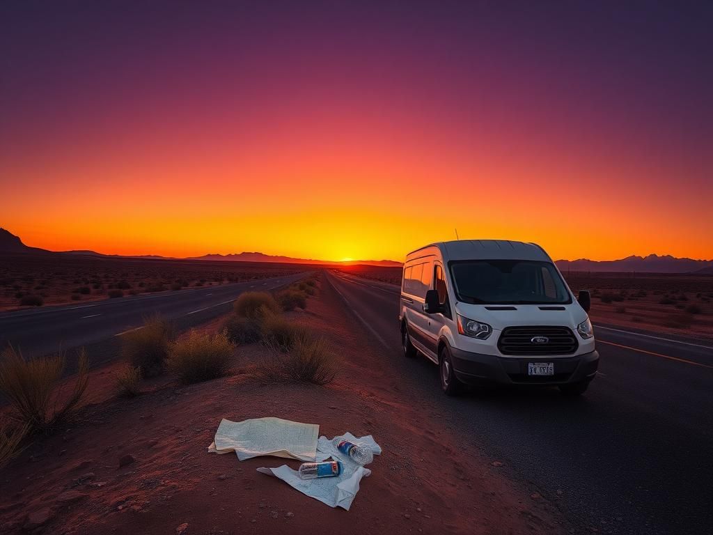 Flick International A desolate stretch of highway in the Utah desert during twilight with a white Ford Transit van parked by the roadside