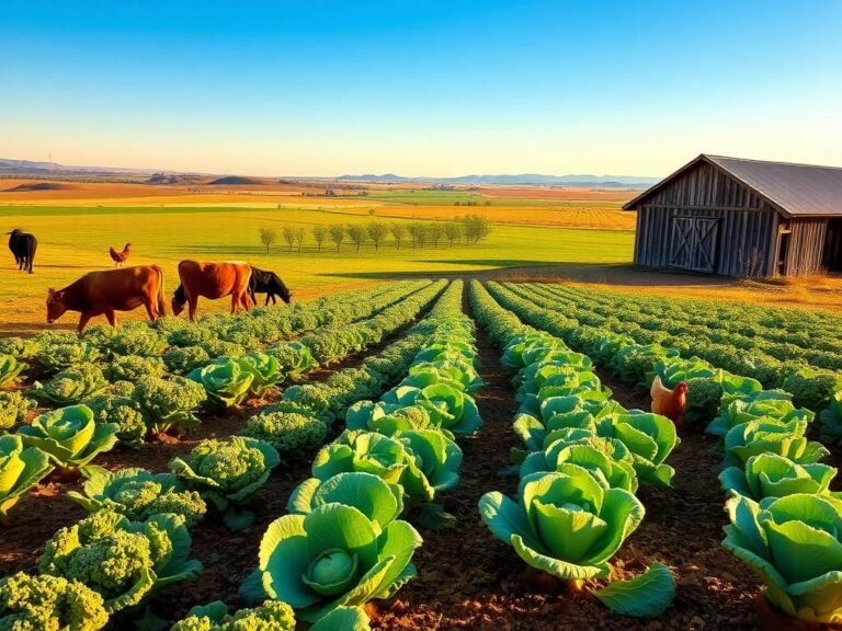 Flick International Serene agricultural landscape in Central California with rows of vegetables and livestock