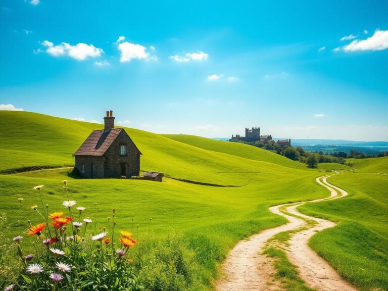 Flick International A serene landscape with rolling green hills, an old stone cottage, and blossoming wildflowers representing ancestral roots.