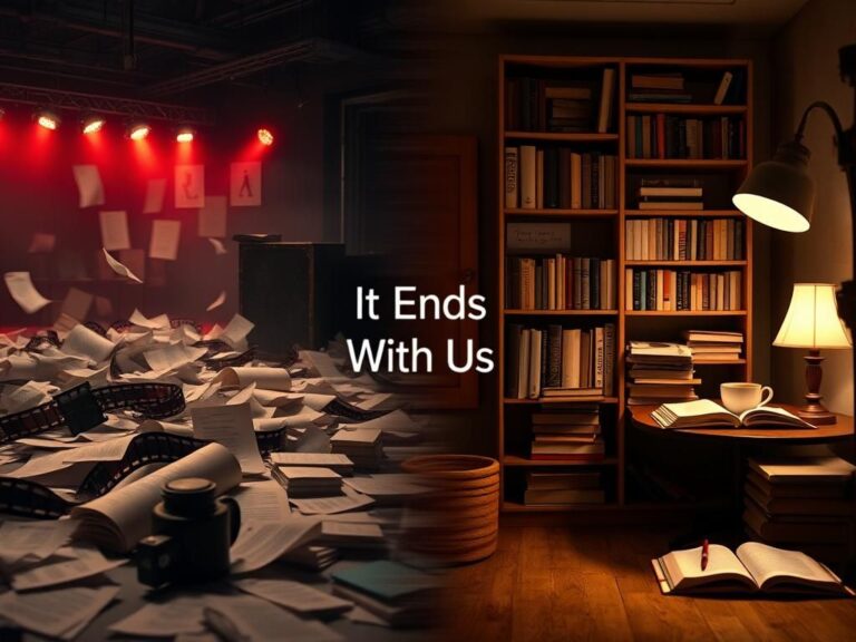 Flick International A split image showing a chaotic film studio set contrasted with a peaceful writing nook, symbolizing the clash between Hollywood drama and literary inspiration.