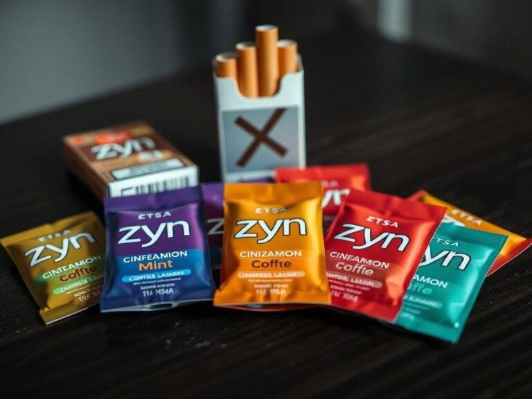 Flick International Close-up of various flavored nicotine pouches including Zyn on a dark wooden table