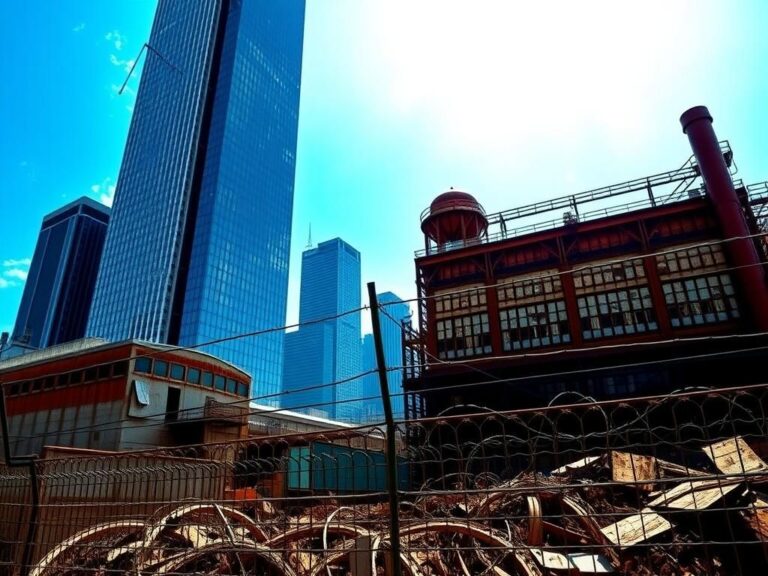 Flick International Stark contrast between a luxurious skyscraper and a dilapidated factory symbolizing American workers' struggles