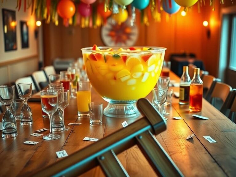 Flick International Vibrant potluck setting with a colorful punch bowl surrounded by glassware and party decorations