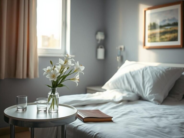 Flick International Hospital room with a neatly made bed and fresh white lilies