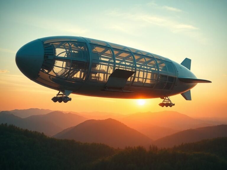 Flick International A massive airship soaring above lush green forests and rugged mountains during sunset.