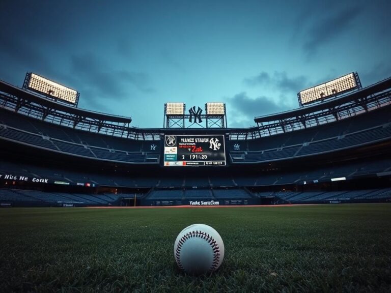 Flick International Panoramic view of an empty Yankee Stadium under a dusky sky