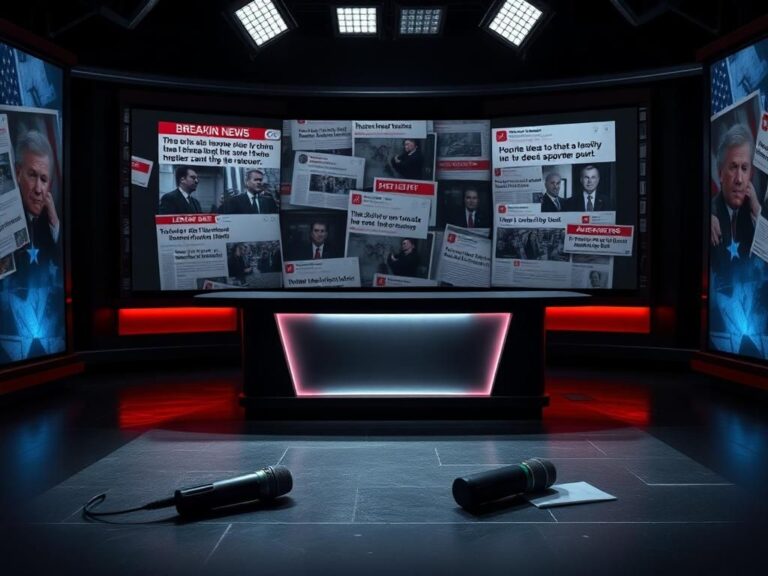 Flick International Empty news anchor desk in a dimly lit studio reflecting political tensions