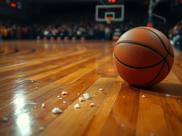 Flick International Close-up of basketball court with chipped teeth pieces scattered