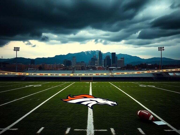 Flick International Dark, ominous sky over Denver skyline with a deserted football field