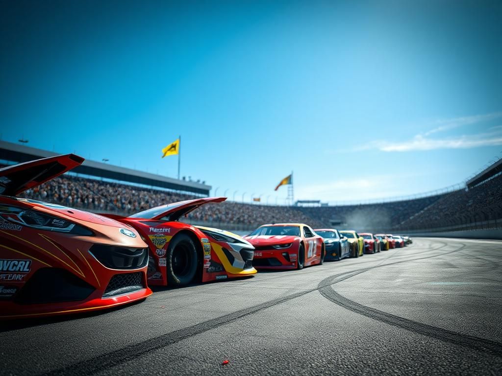 Flick International Colorful NASCAR race cars in action during the Ambetter Health 400 at Atlanta Motor Speedway