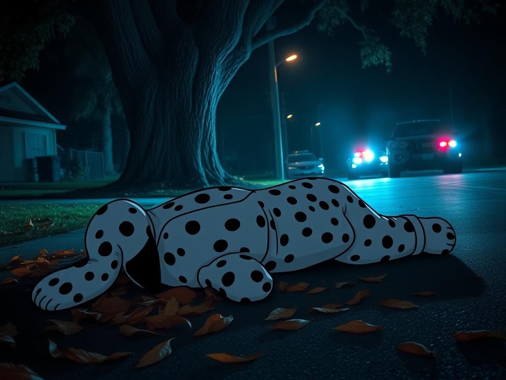 Flick International A cartoonish Dalmatian onesie sprawled on the ground in a dimly lit Florida street during a police chase