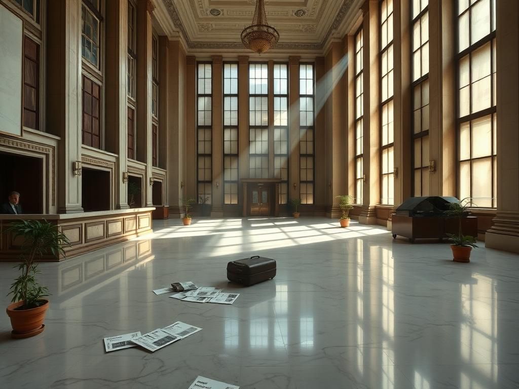 Flick International Empty lobby of the Roosevelt Hotel showcasing grand architecture and sunlight streaming through dusty windows