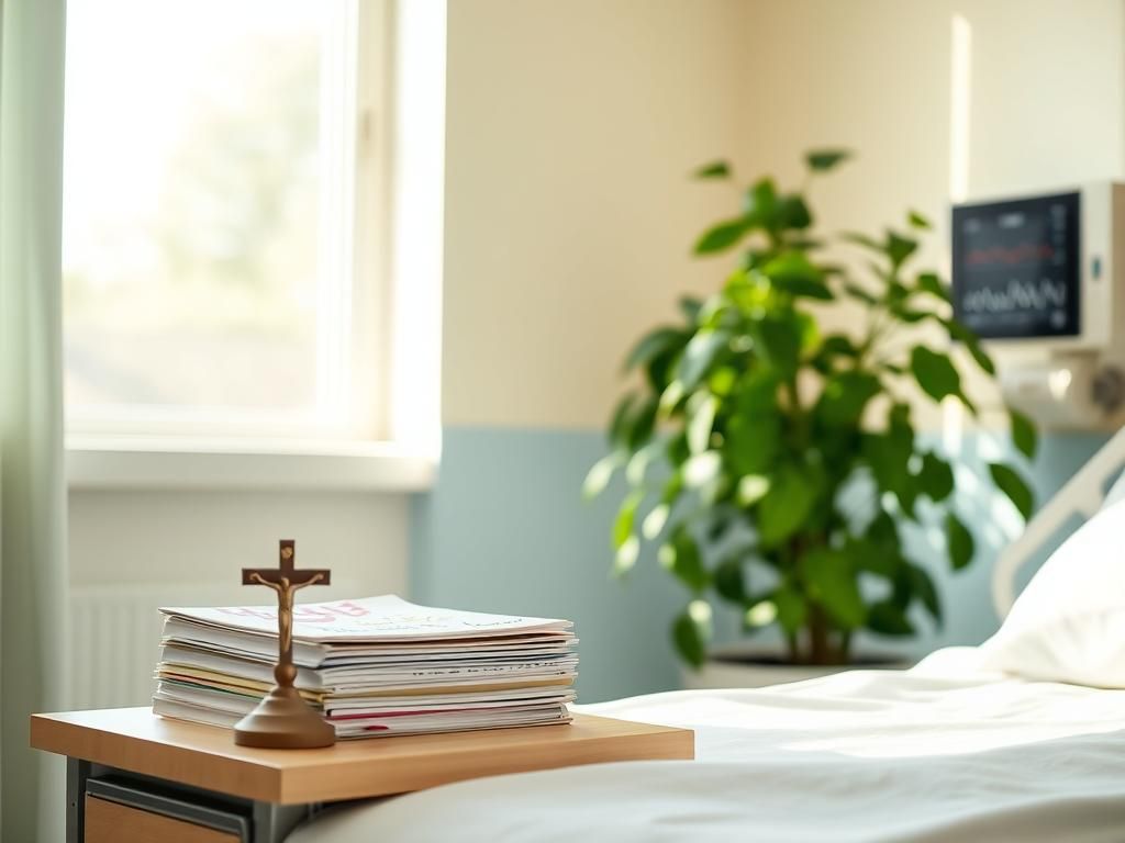 Flick International A serene hospital room featuring a crucifix and children's drawings