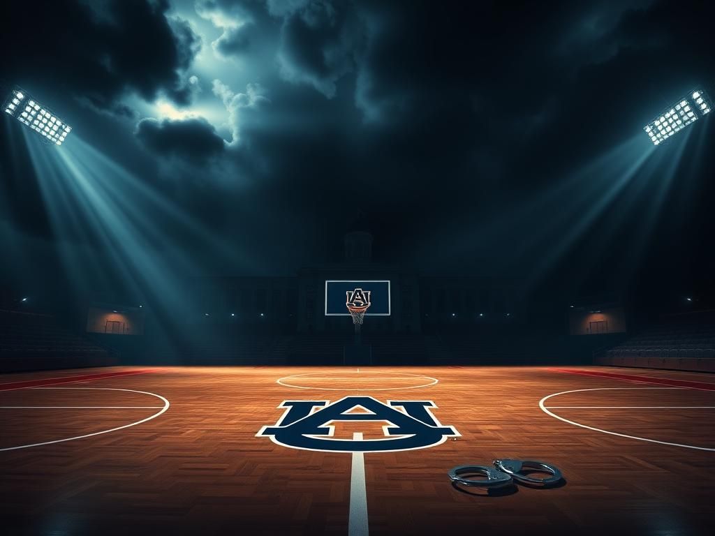 Flick International Dramatic basketball court scene with Auburn Tigers logo and FBI building silhouette