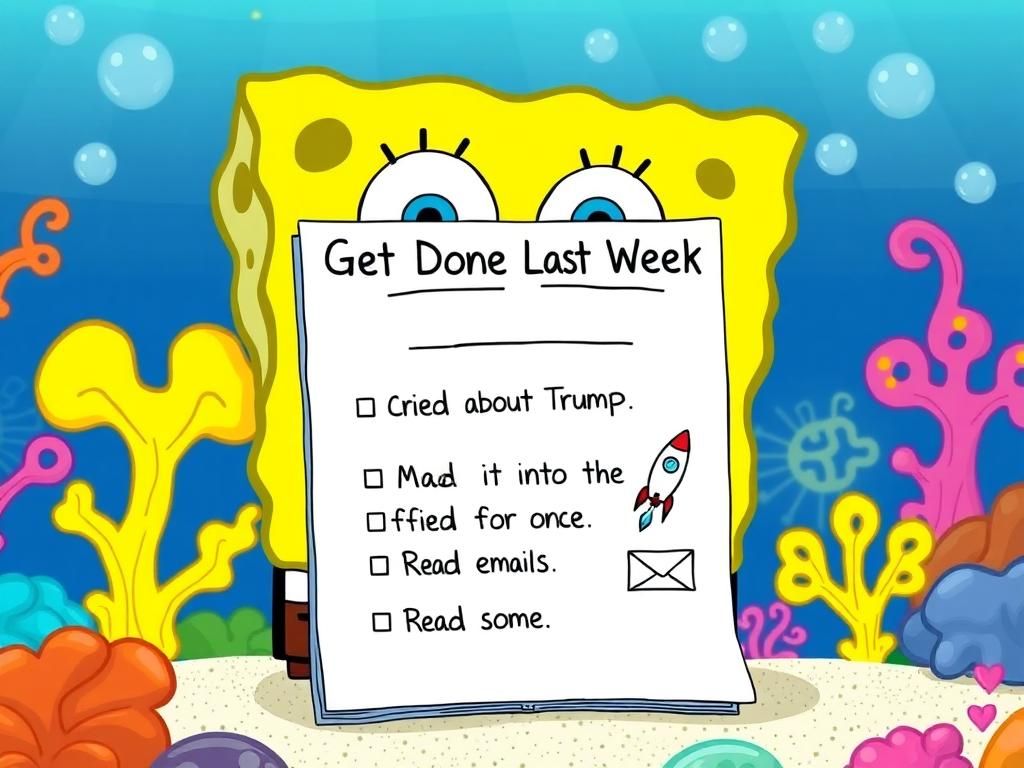 Flick International Colorful SpongeBob meme depicting a humorous notepad titled 'Got Done Last Week' with whimsical illustrations.