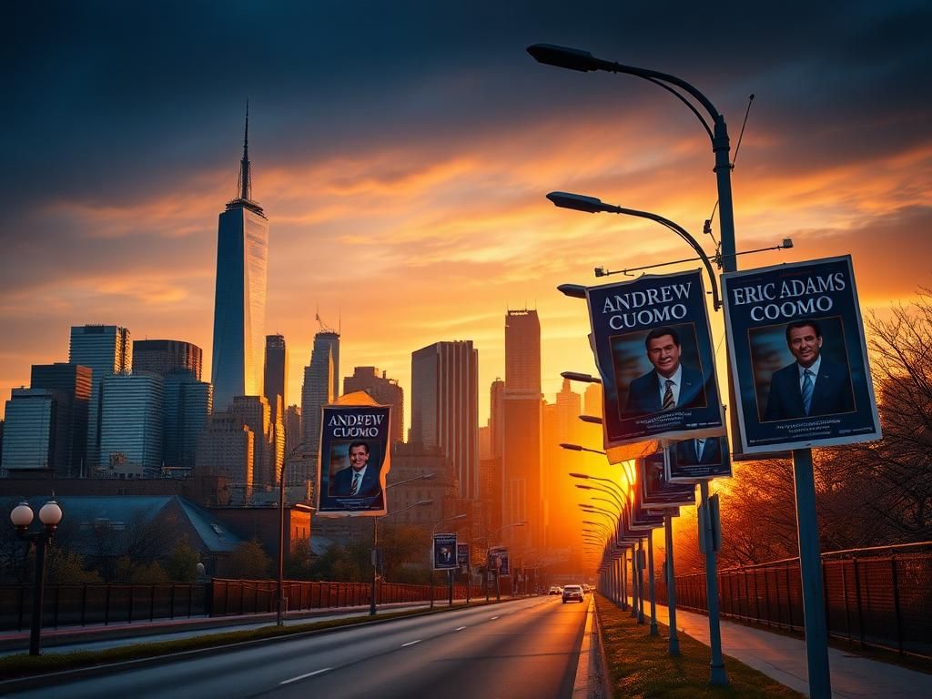 Flick International New York City skyline at dawn with campaign posters for Cuomo and Adams