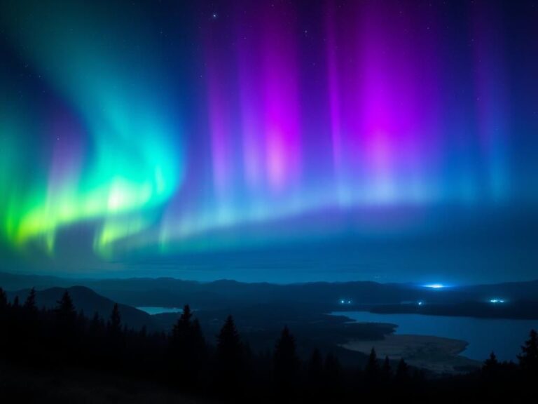 Flick International Breathtaking display of the Northern Lights over a serene landscape with rolling hills and a calm lake