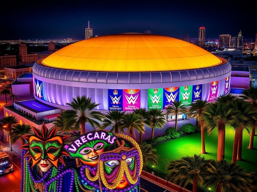 Flick International Aerial view of the illuminated Caesars Superdome in New Orleans at night