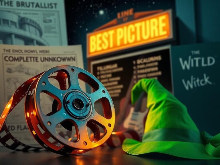 Flick International A vintage film reel unwinding with symbolic objects representing Oscar-nominated Best Picture films.