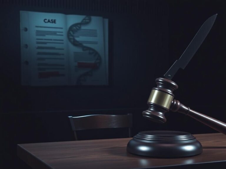 Flick International Dimly lit courtroom scene with empty wooden bench and gavel