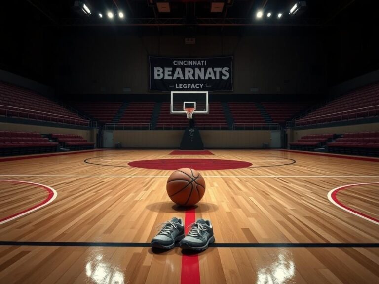 Flick International Empty basketball court in a dimly lit gymnasium with a Cincinnati Bearcats banner